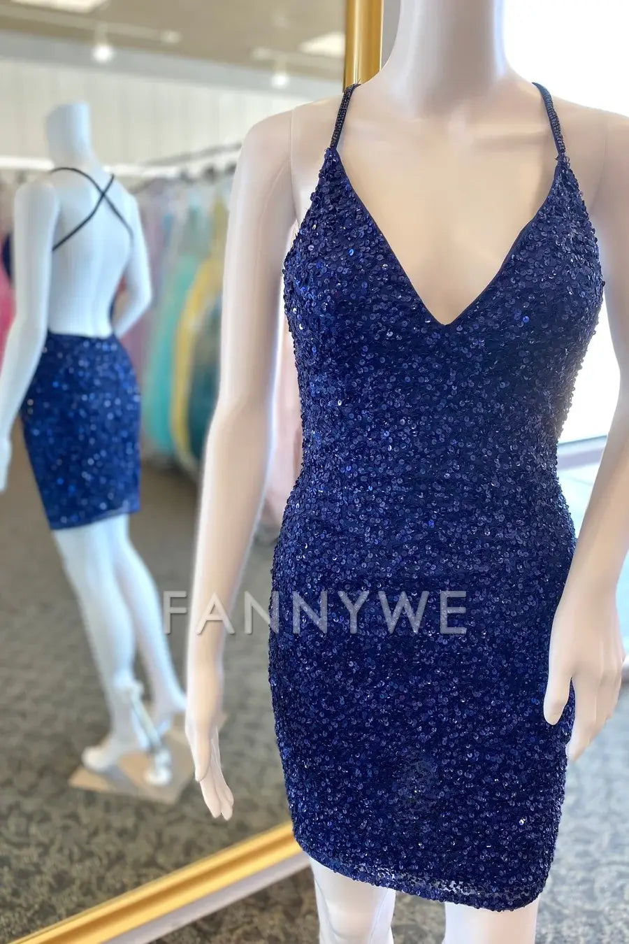 FannyWe Simple Royal Blue Sequin V-Neck Backless Short Homecoming Dress formal wear dresses